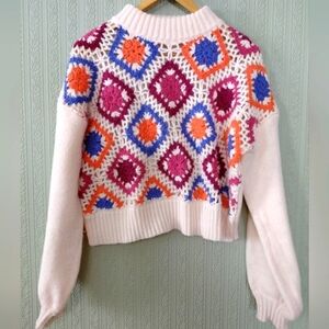 Womens Colorful Geometric Boxy Vintage Look Knit Sweater